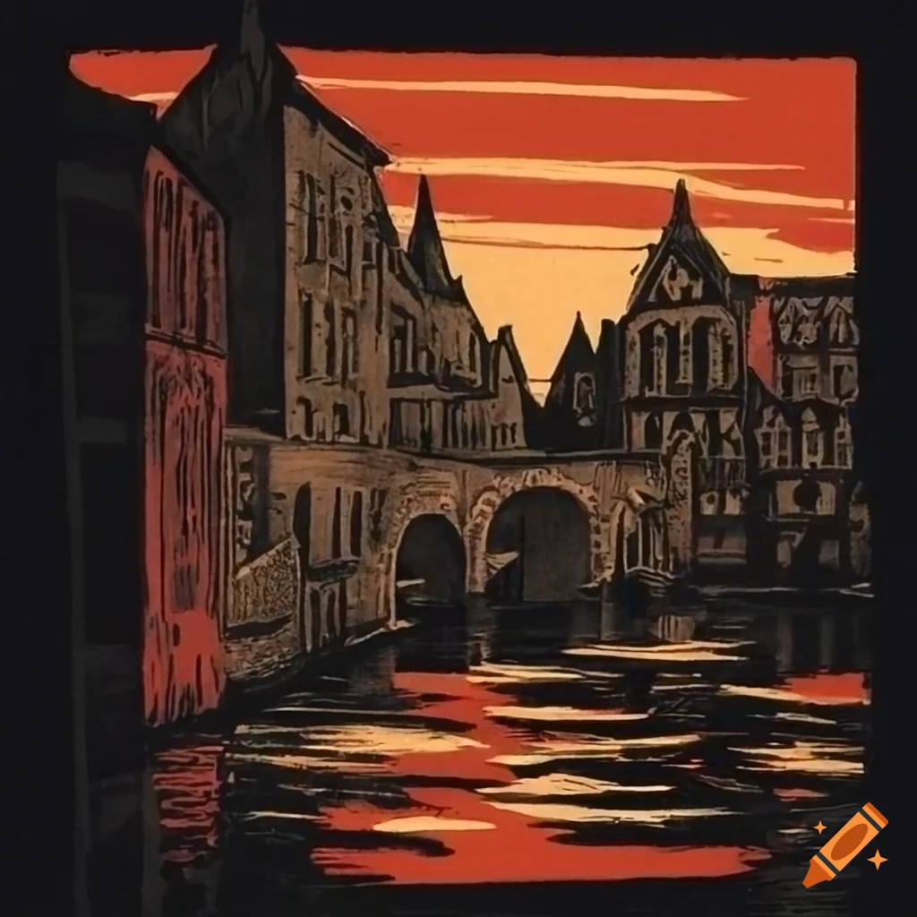 Old haunted port inspired by 1920s German expressionistic movies in a woodcut style