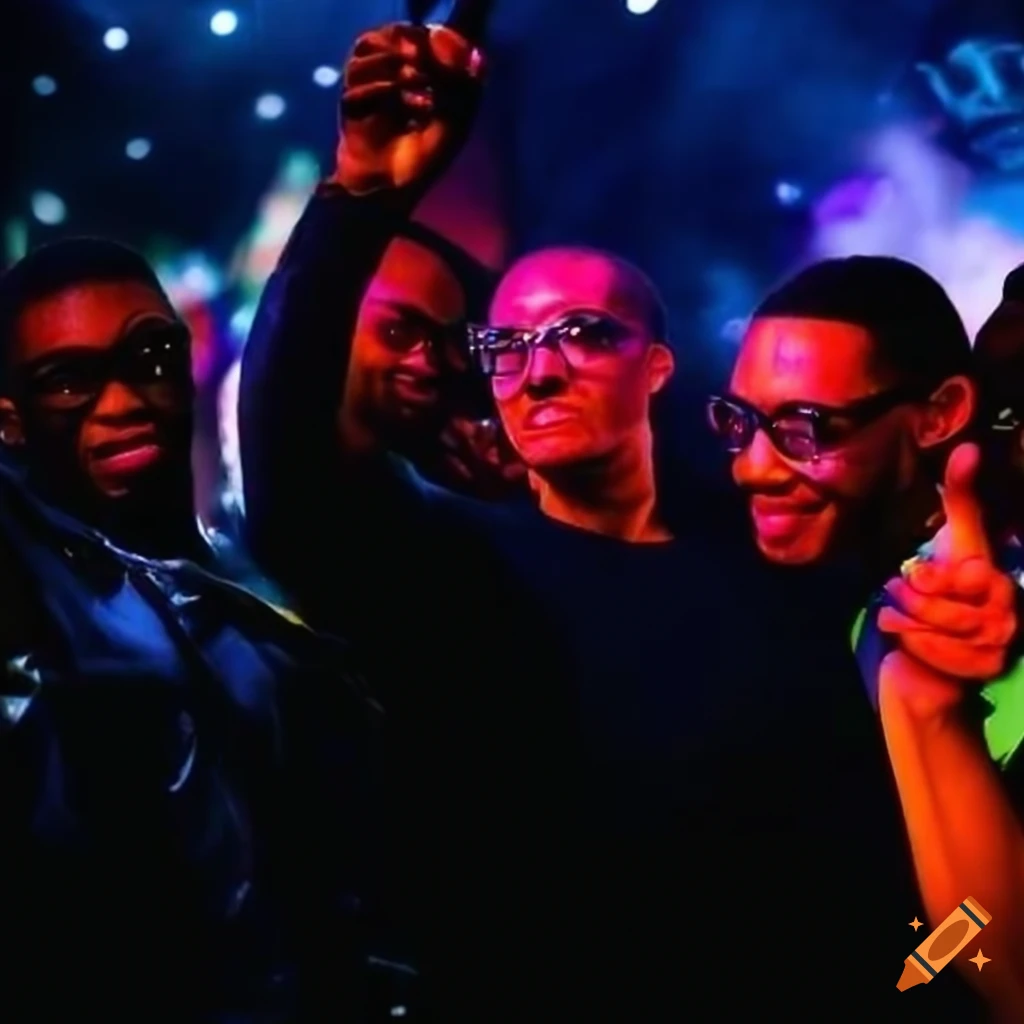 A group of men cheering with glasses at a vibrant UK rave on Craiyon