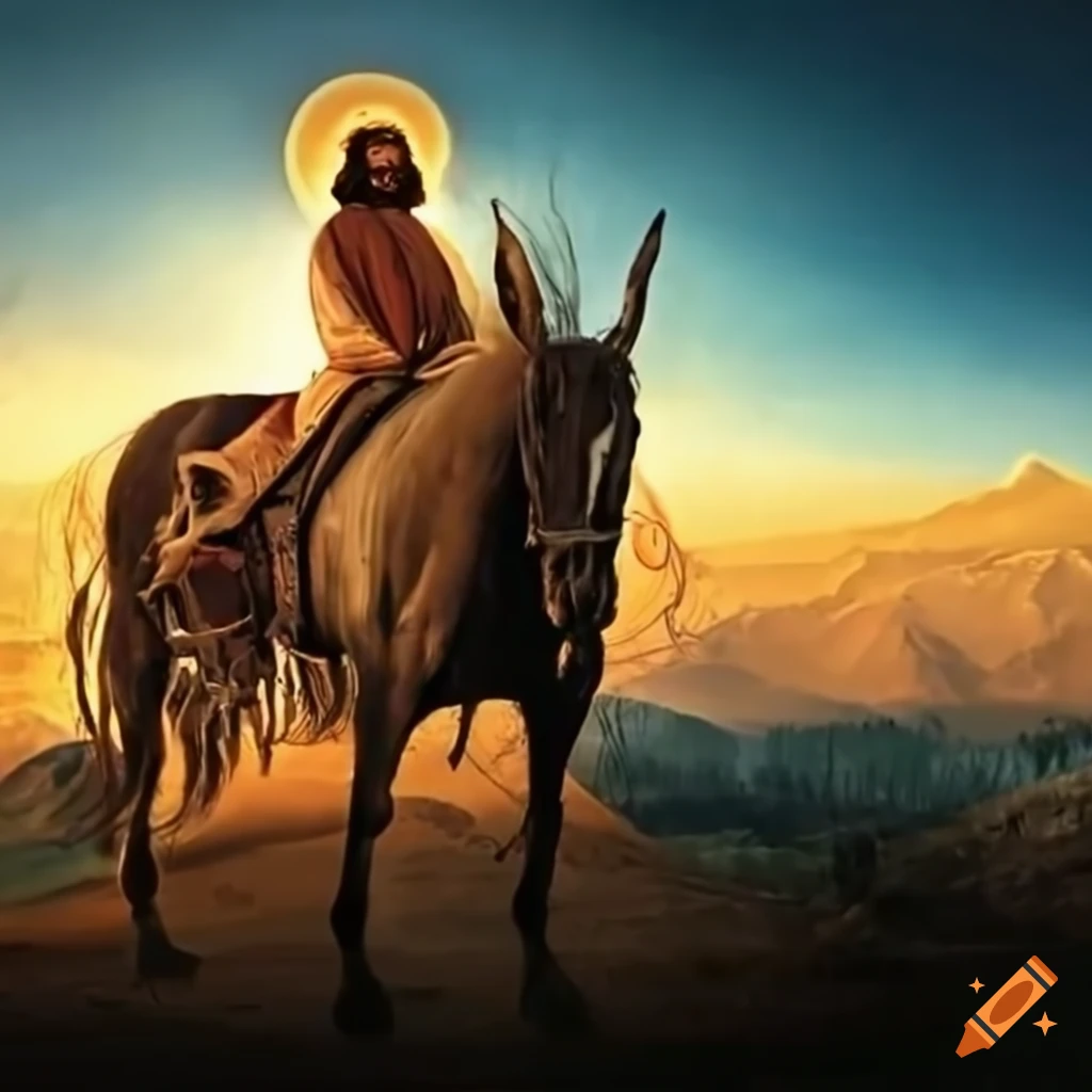 Mythical cowboy Jesus riding horseback in the wild west landscape