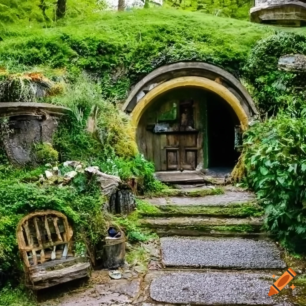 Mossy hobbit house with greenery and water puddles