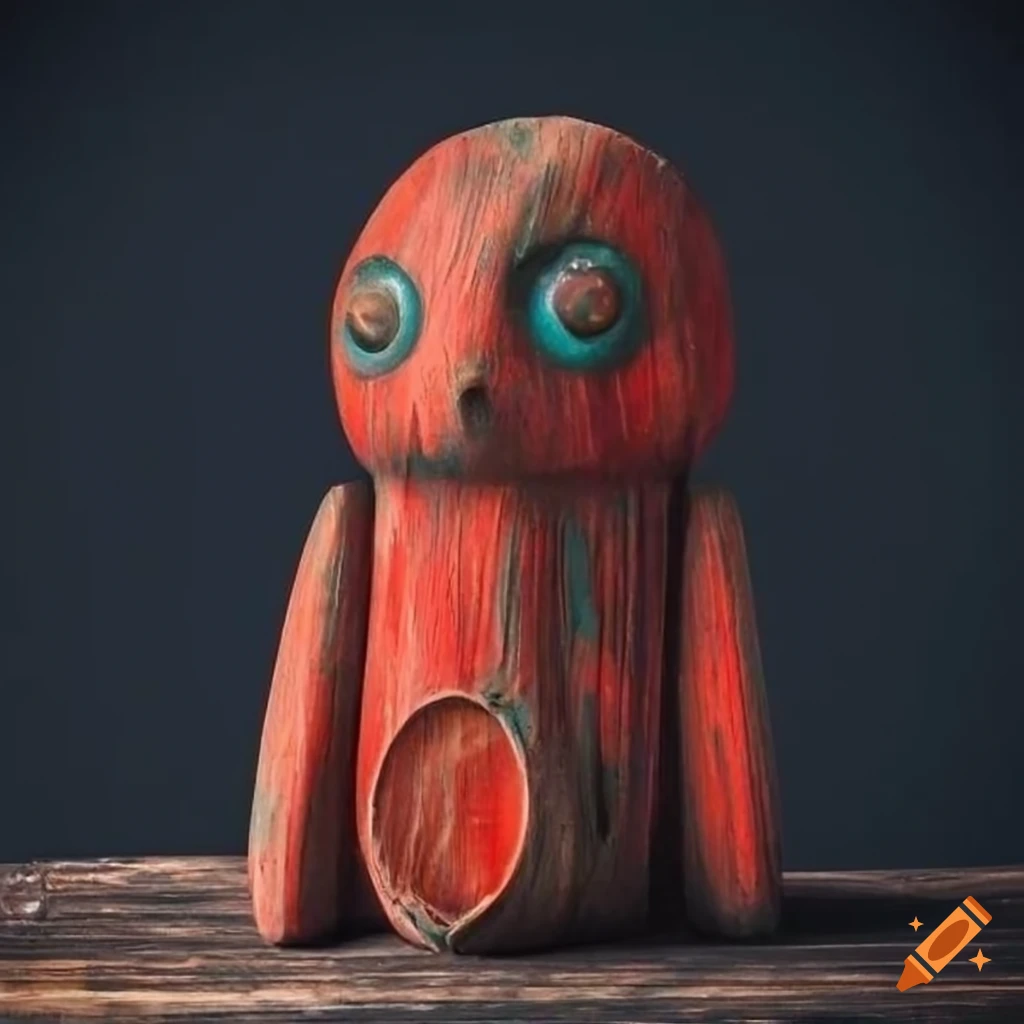 Rustic wooden faceless idol with big hollow round eyes in dark setting
