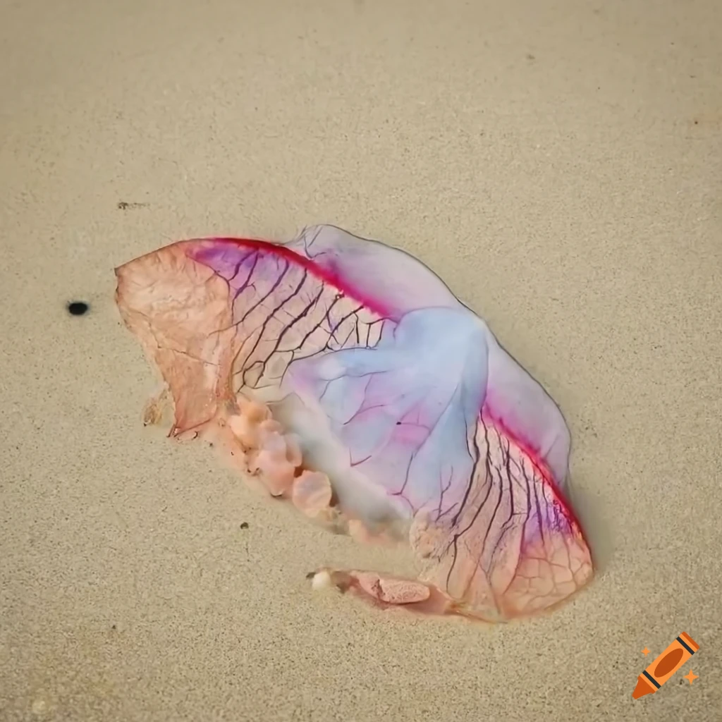 Colorful man o' war jellyfish with long tentacles on beach