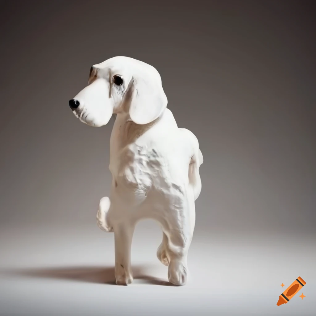 White clay dog figurine in jumping pose viewed from the rear