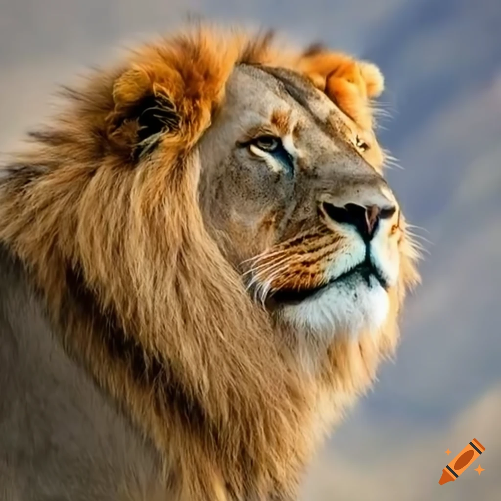 Lion looking upward on a mountain