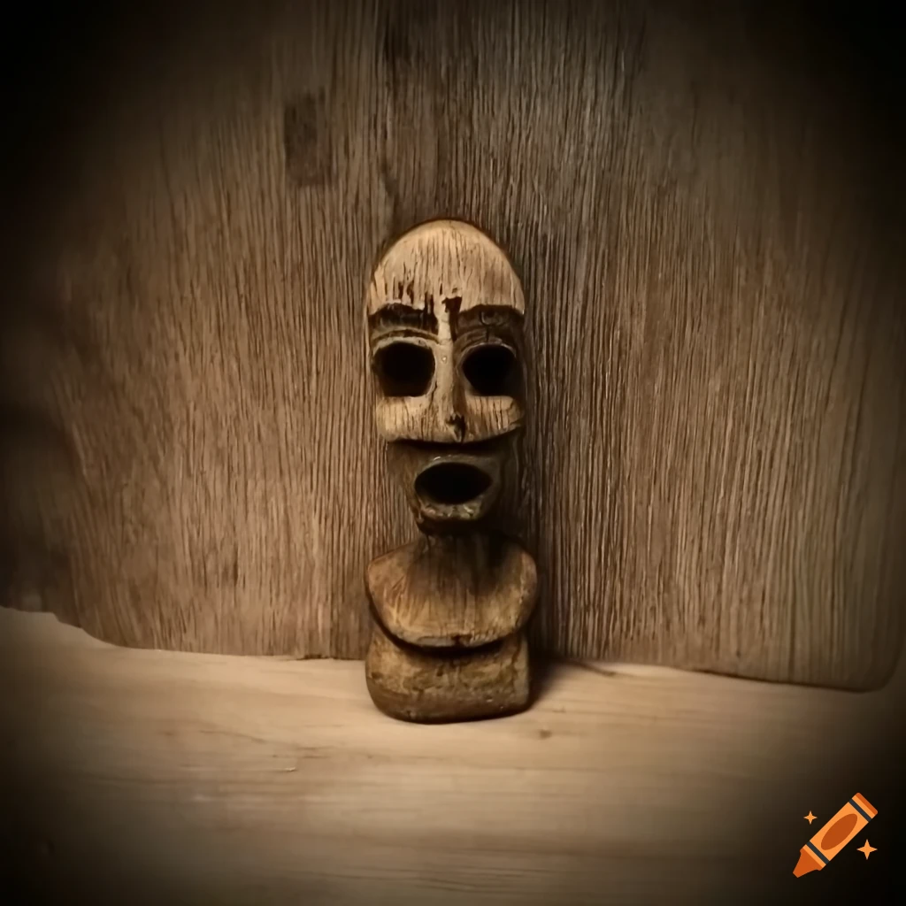 Antique wooden idol with hollowed-out eyes in darkness