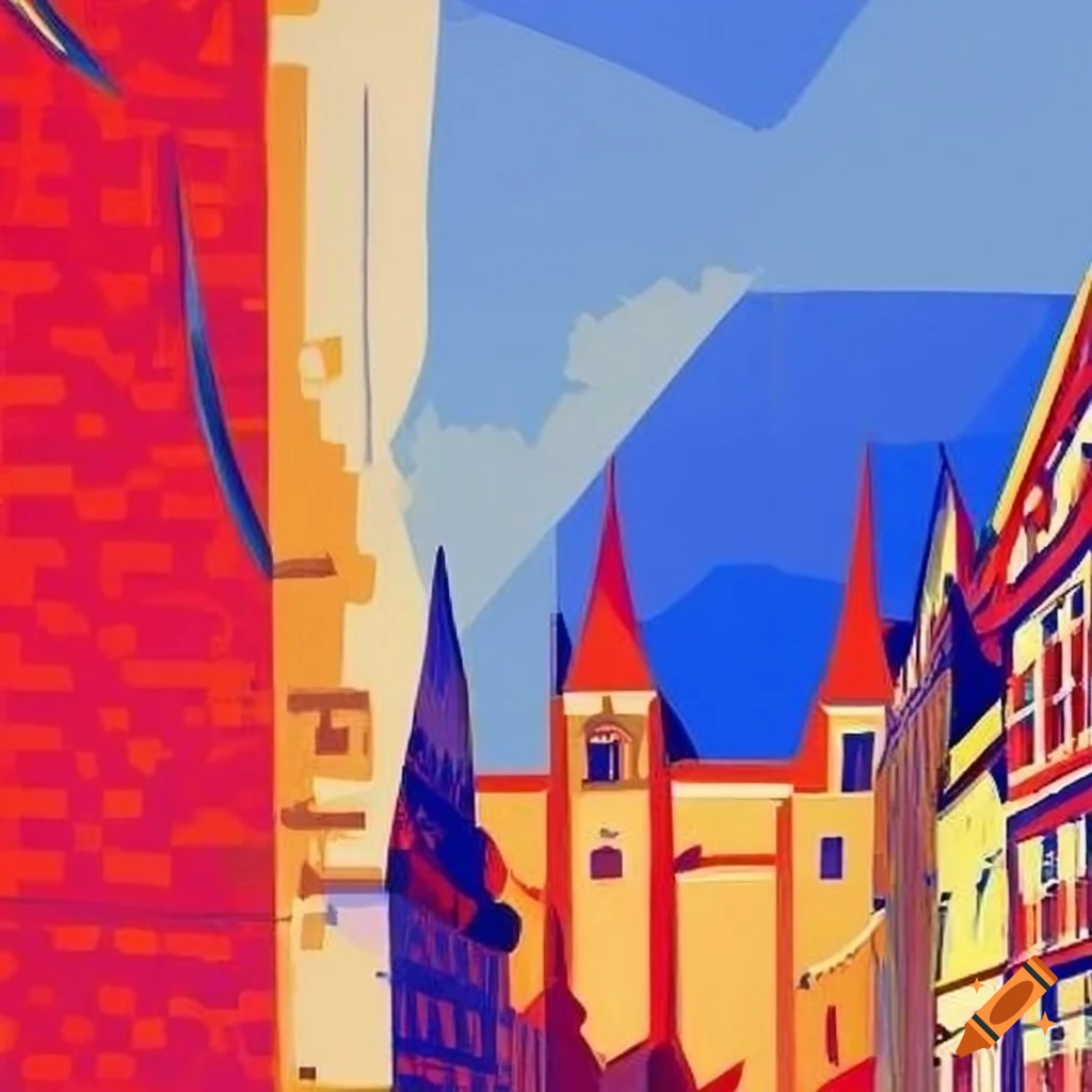 Iconic German architecture in the style of George Braque and David Hockney on a travel agency poster