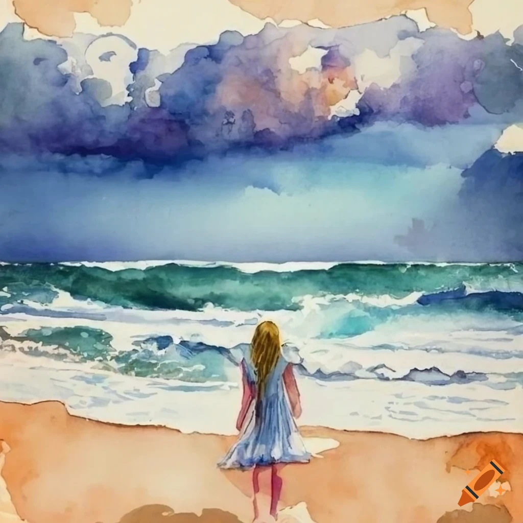 Girl in dress on beach looking at ocean with stormy clouds