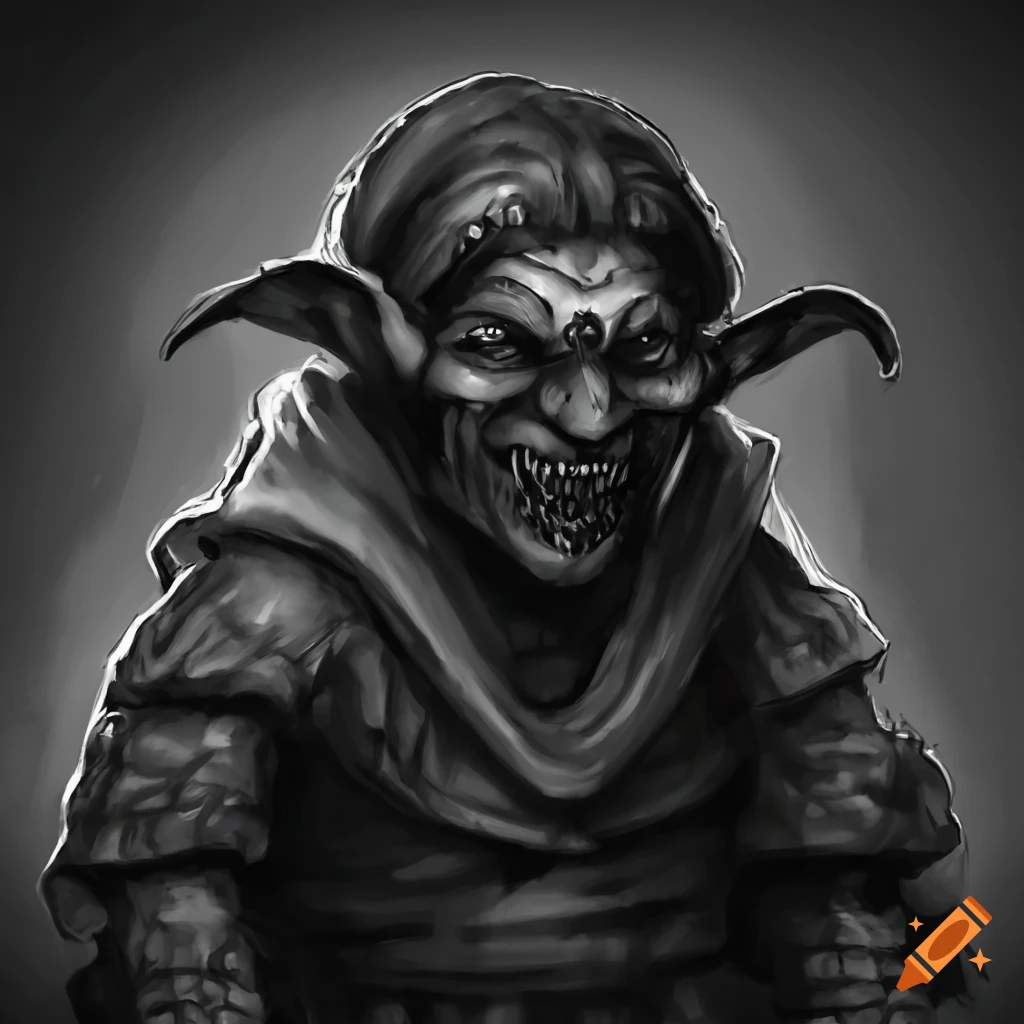 Detailed goblin character selling ancient artifacts in a market