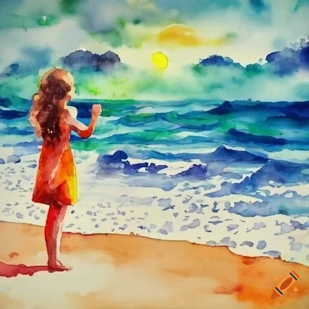 Girl in dress on beach looking at ocean with stormy clouds