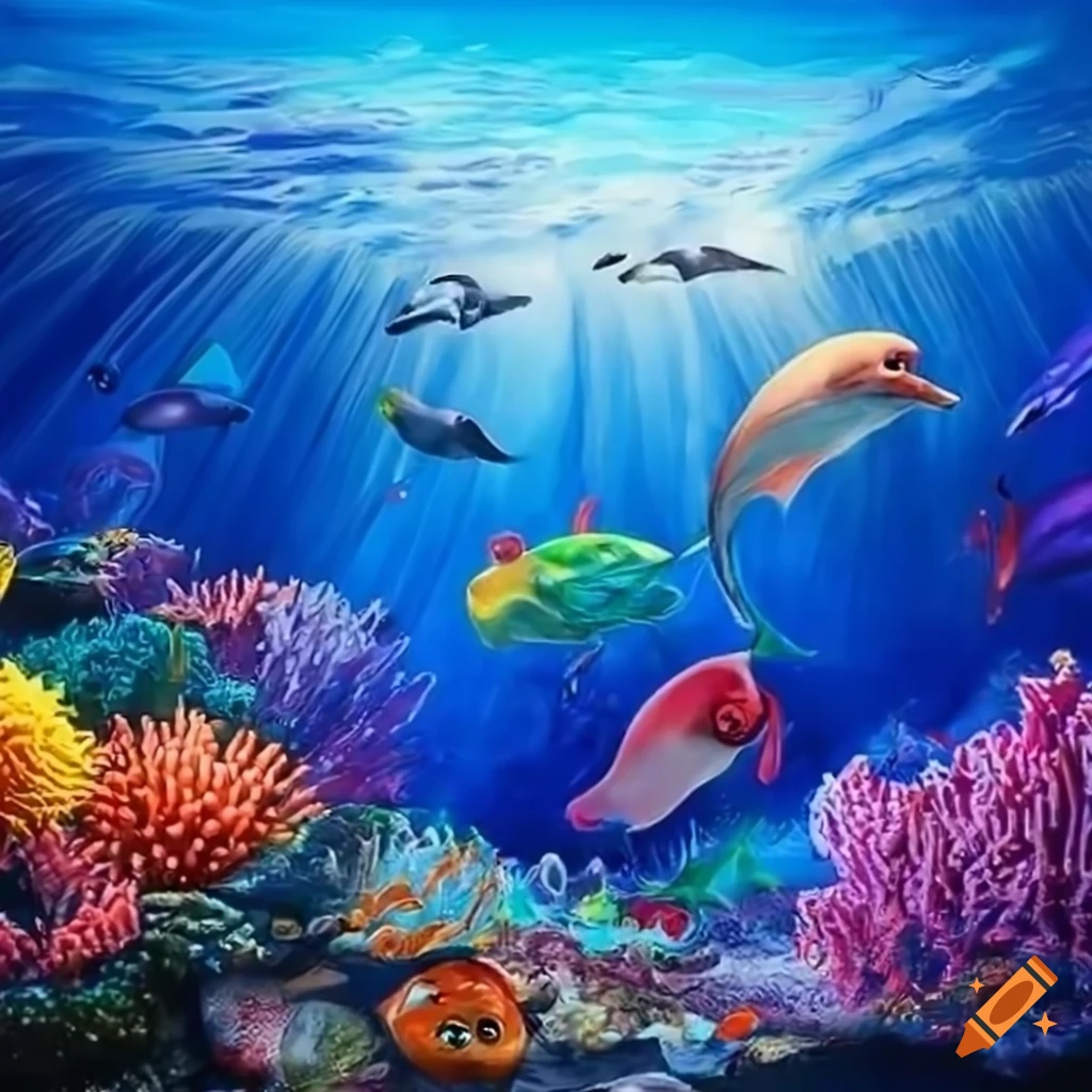 Underwater world with dolphins, fish, and corals with shining light