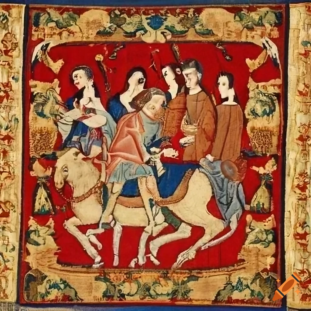 Medieval tapestry depicting a hunting party with hunting horns