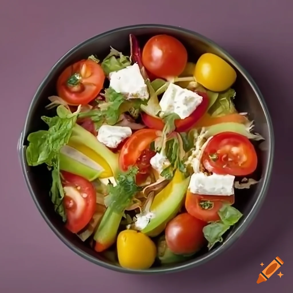 Salad with red cabbage, carrot, yellow pepper, cucumber, cherry tomatoes, spinach sprouts, avocado, and feta