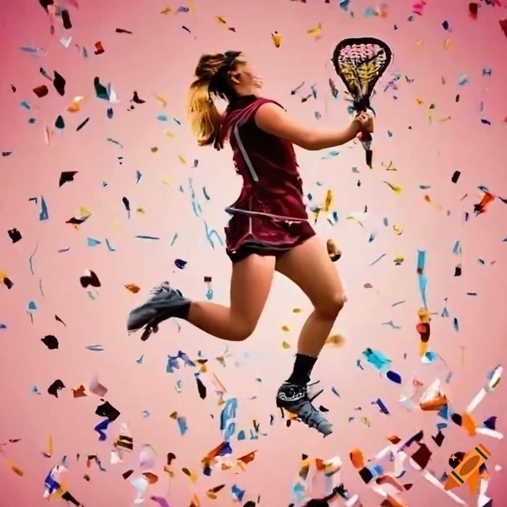 Women's lacrosse player scoring game-winning shot with explosions and confetti