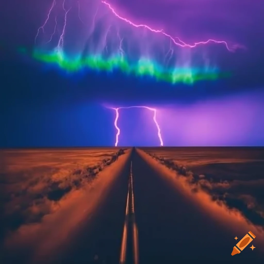 Technicolor thunderstorm over empty plains with neon lighting