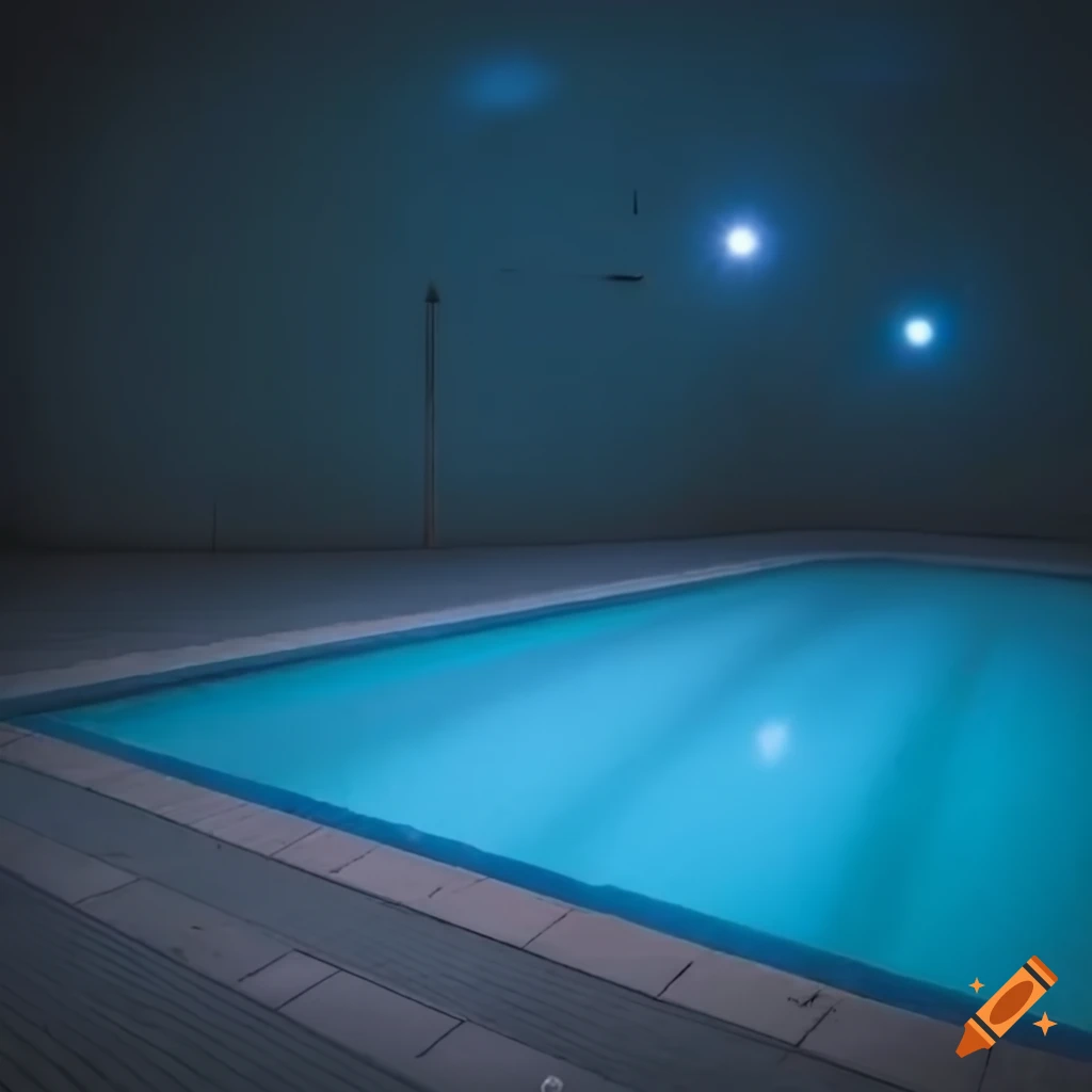 Empty poolside in a liminal space with dark blue tones