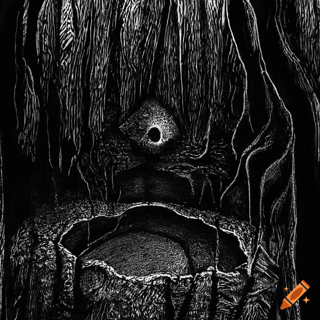 Black and white ink drawing of a deep, eerie hole in the ground