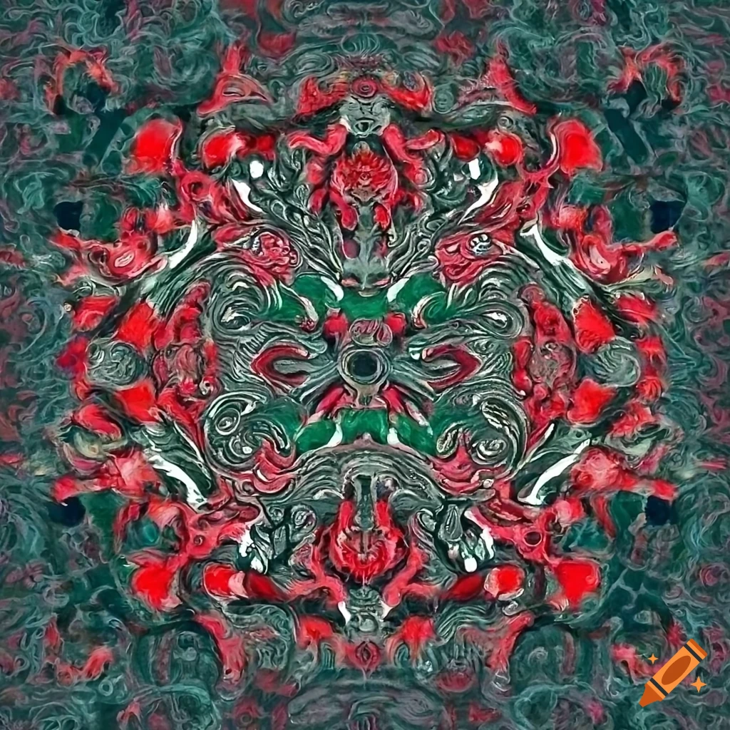 Japanese demon with intricate horns amidst red flowers on a dark background