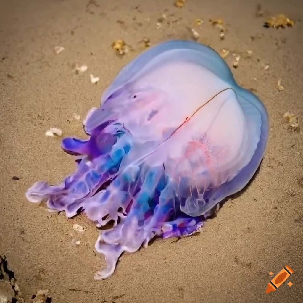 Colorful man o' war jellyfish with long tentacles on beach