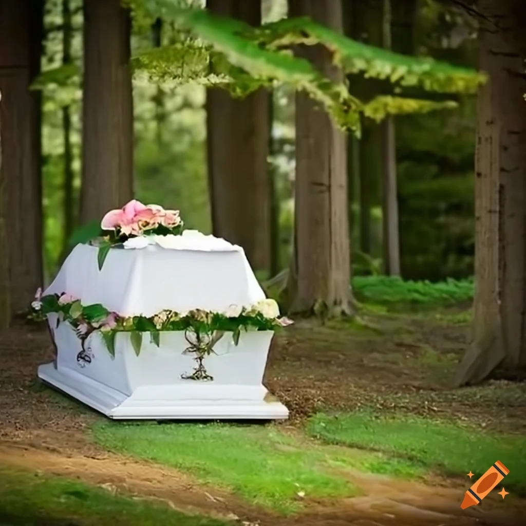Elegant coffin with flowers and roses in a forest