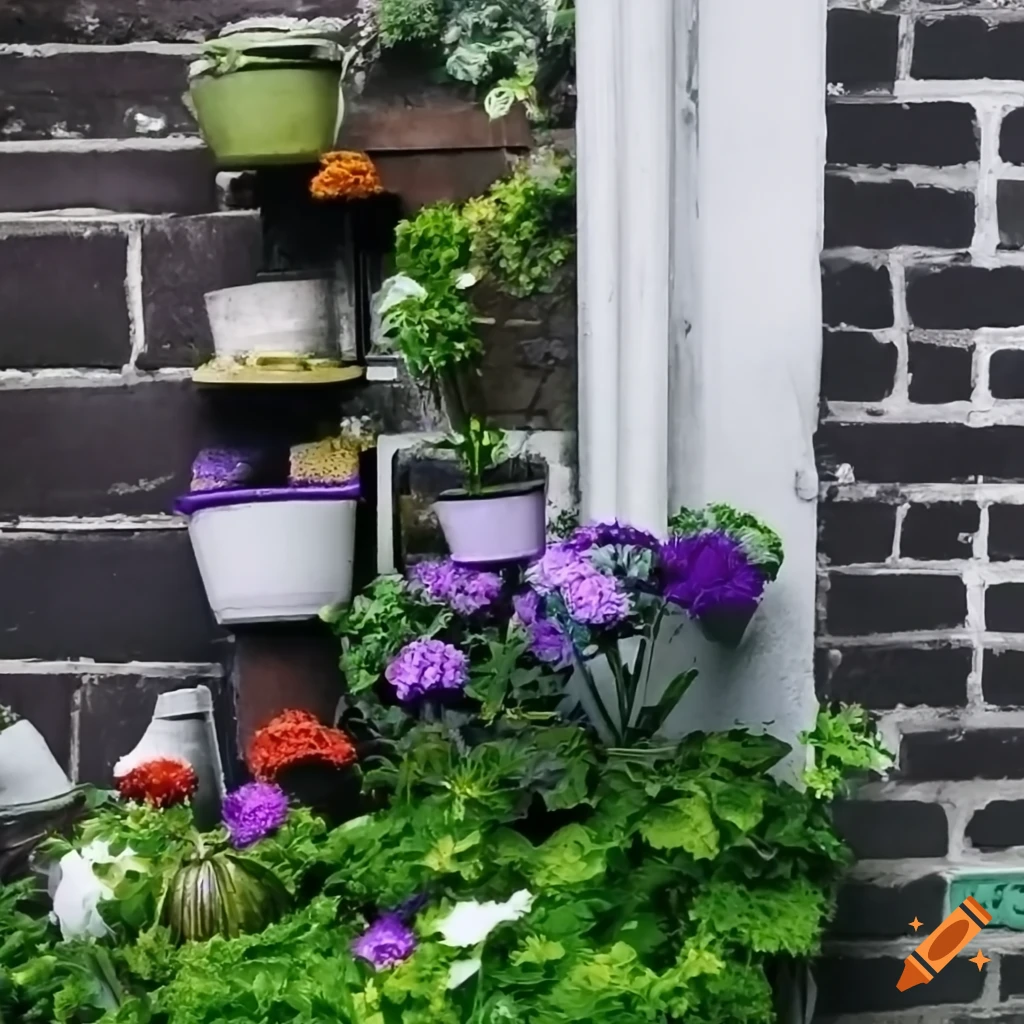 Many geranium-filled flower pots in a West London Victorian block's backyard