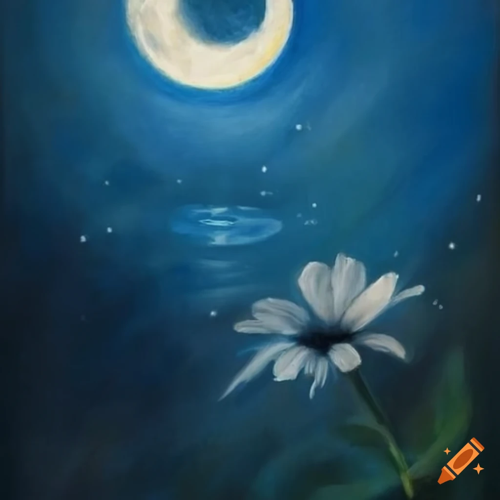 Single flower illuminated by moonlight in a painting
