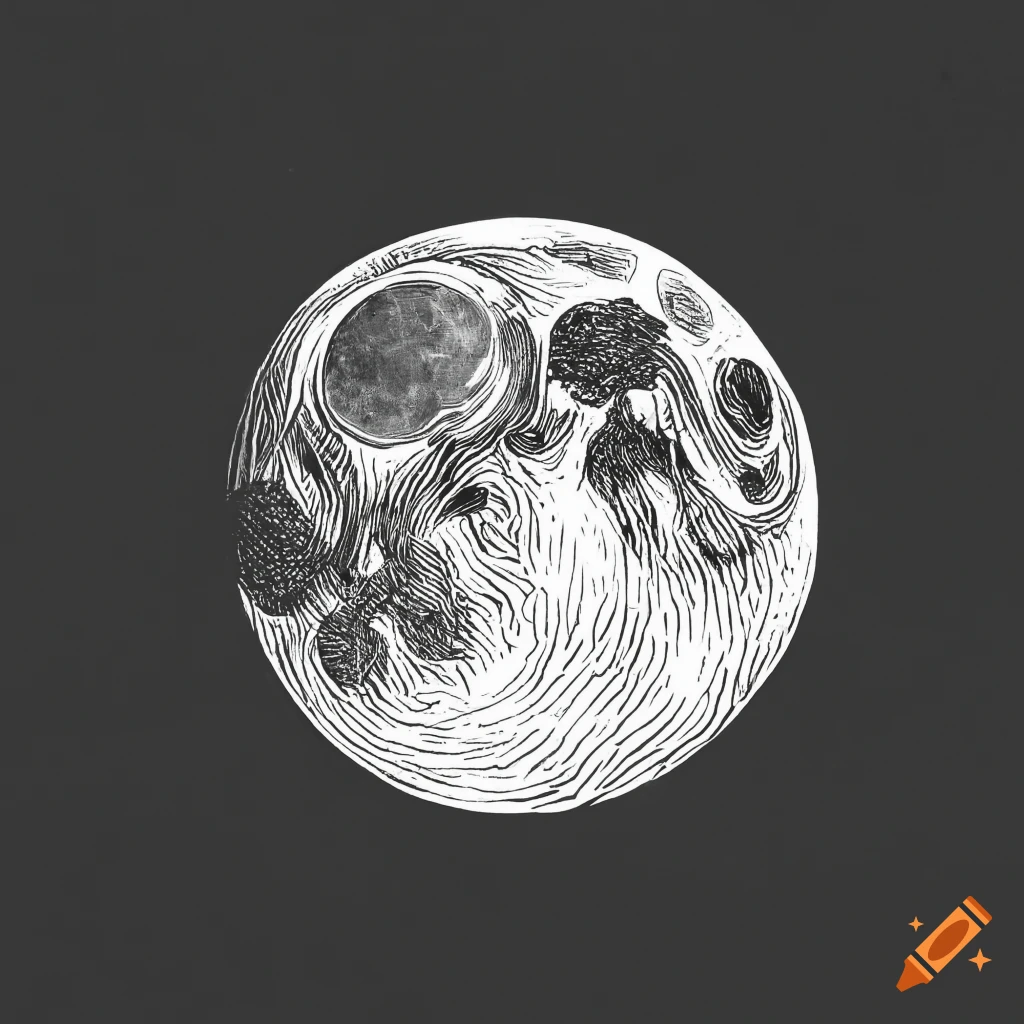 Moon with a face in black and white woodcut print