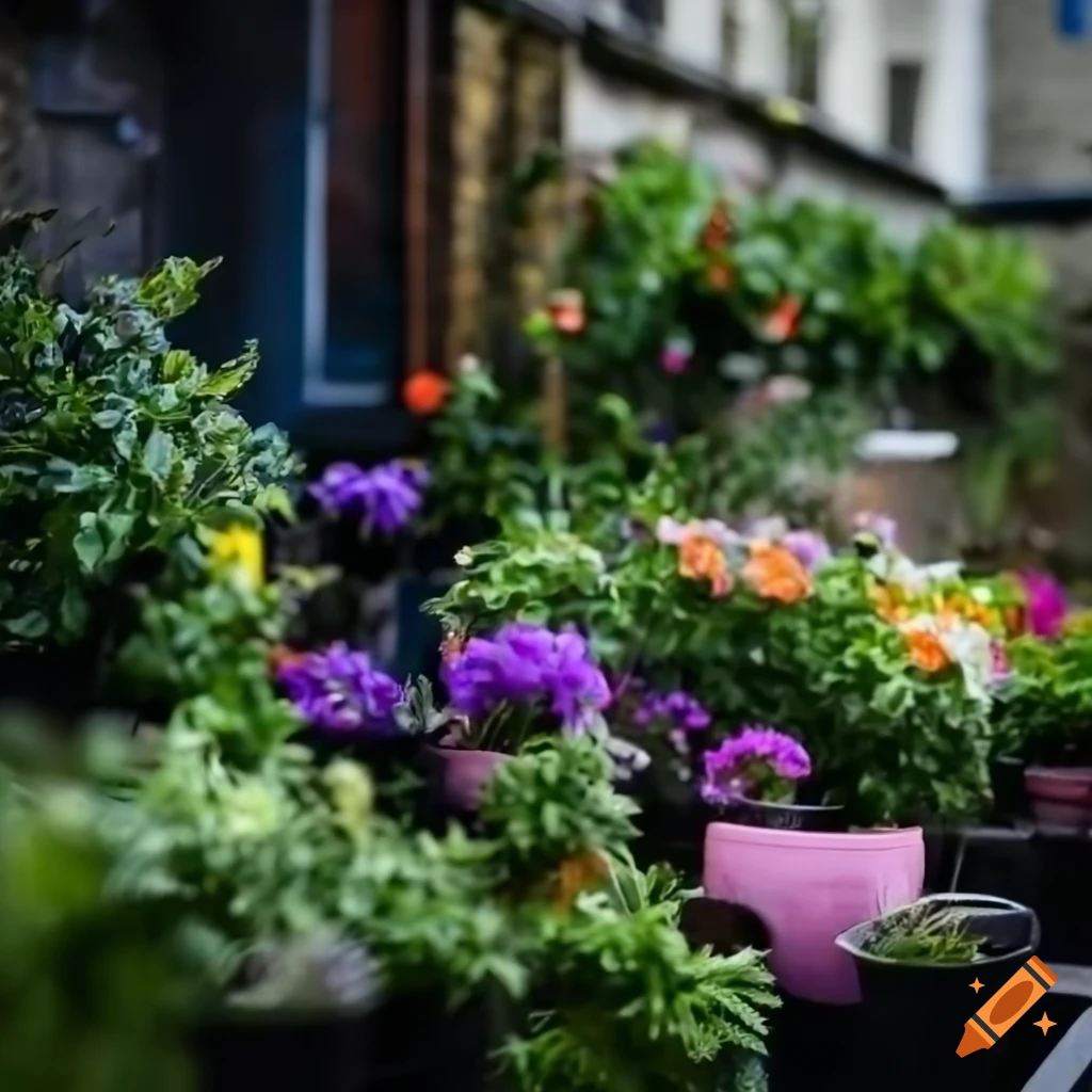 Many geranium-filled flower pots in a West London Victorian block's backyard