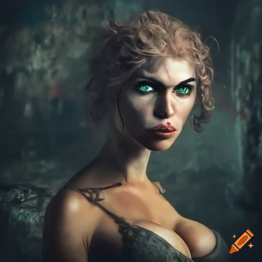 Fierce warrior woman in a derelict basement