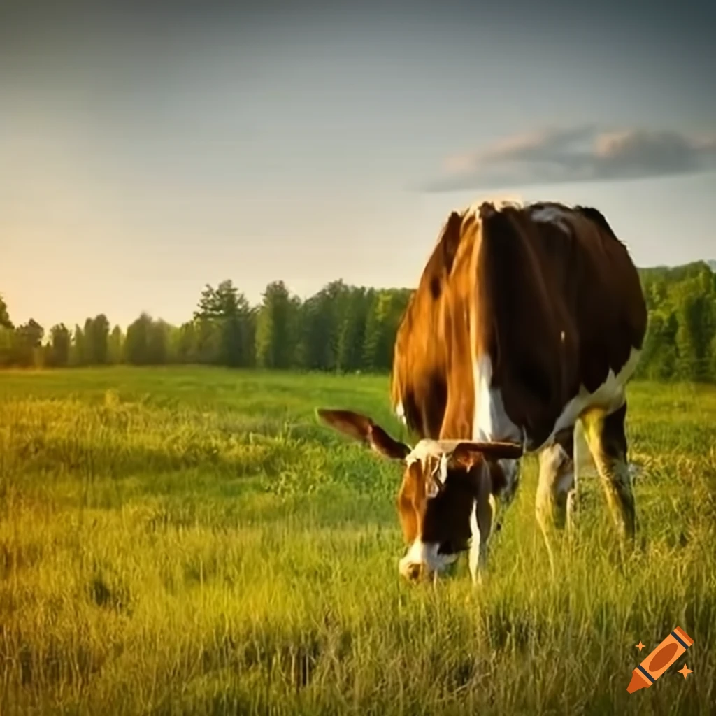 Cow grazing in a sunlit meadow