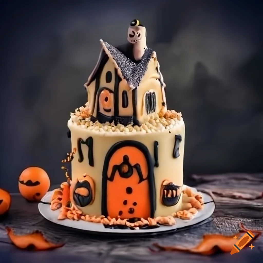 Spooky themed cake house in a whimsical cake land