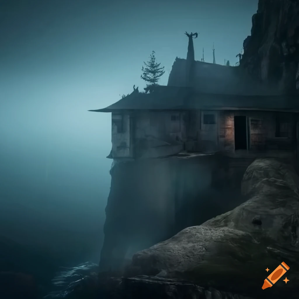 Mysterious cliffside tavern engulfed in fog