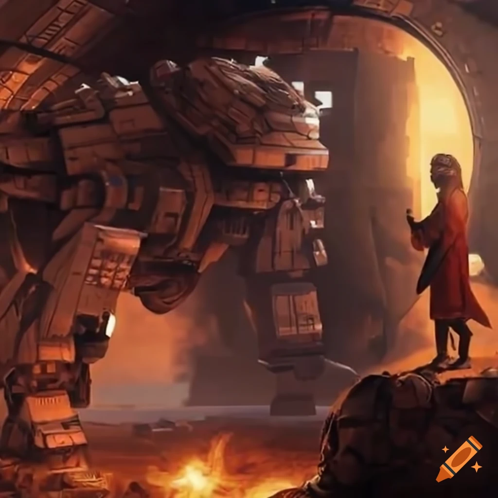 Jesus inspiring his mech army in starship hangar for diamond planet invasion