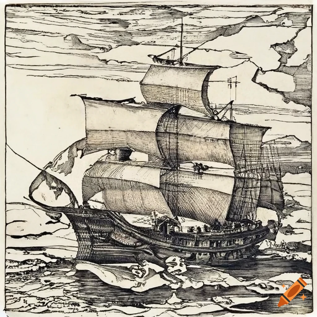 Intricate black and white etching of a medieval sail ship on the ocean by Albrecht Durer