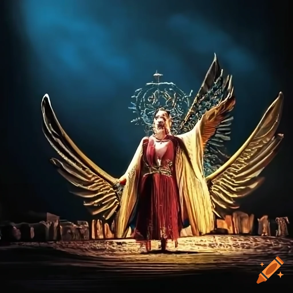 Scene from Verdi's 'Nabucco' opera with Babylonians and Hebrews near peace, golden wings, and serene river