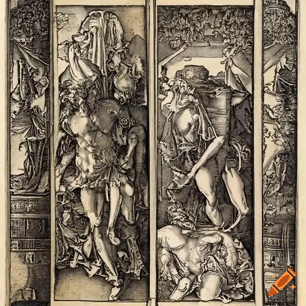 Woodcut triptych by Albrecht Dürer titled "Gods Among Men"