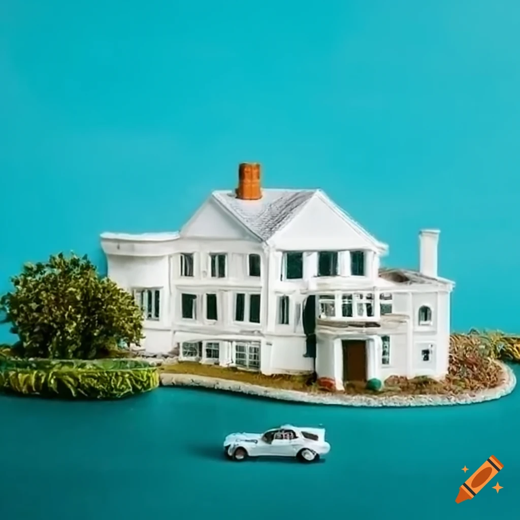 Miniature white mansion with potted plants, swimming pool, and car in diorama