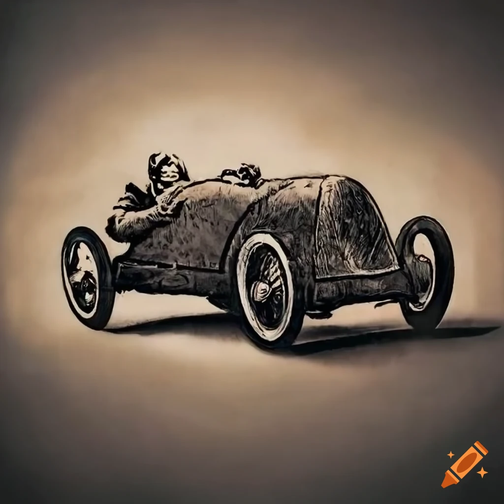 Copperplate engraving of a 1930s Auto Union Silberpfeil race car in motion with a Banksy-inspired twist