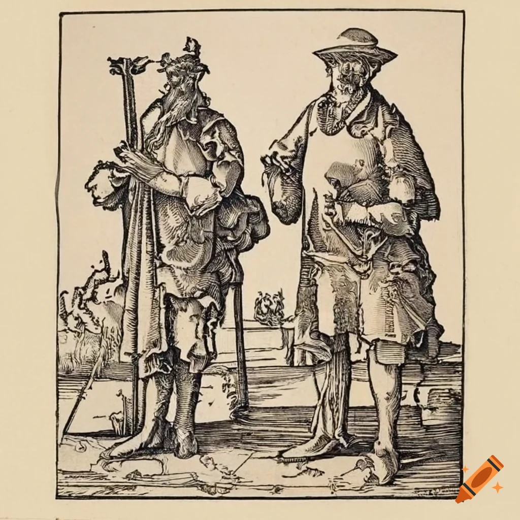 Group of three medieval farmers in the style of Albrecht Dürer