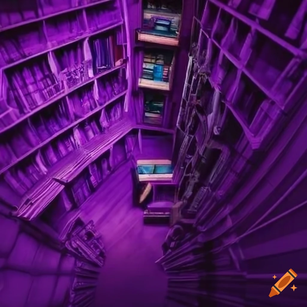 Bird's eye view of purple library bookshelves