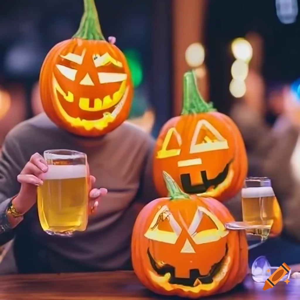 Five funny pumpkin friends enjoying beer at a bar