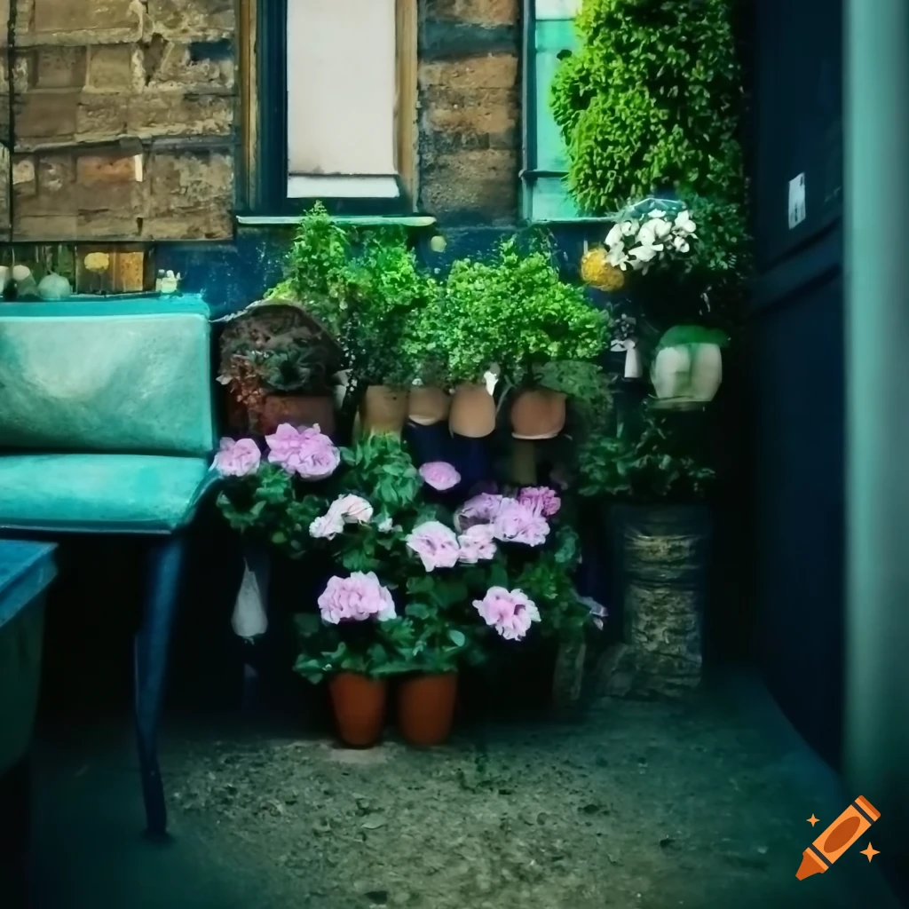 Many geranium-filled flower pots in a West London Victorian block's backyard