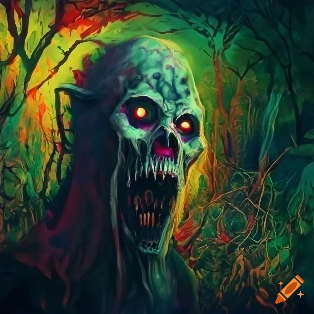 Sinister undead covered in vegetation with glowing eyes in a dark fantasy setting