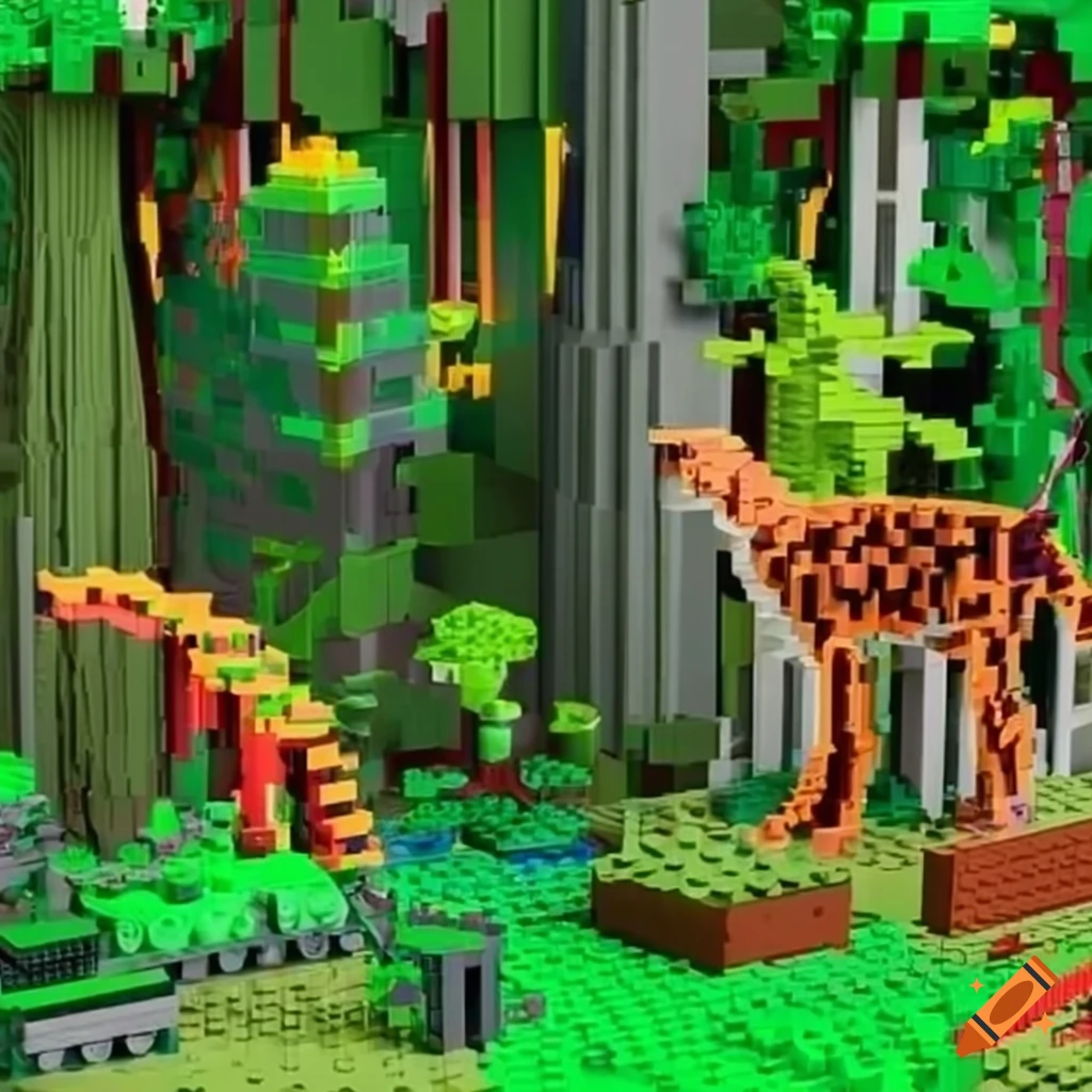 Dense and diverse rainforest made of Lego blocks with lush green plants