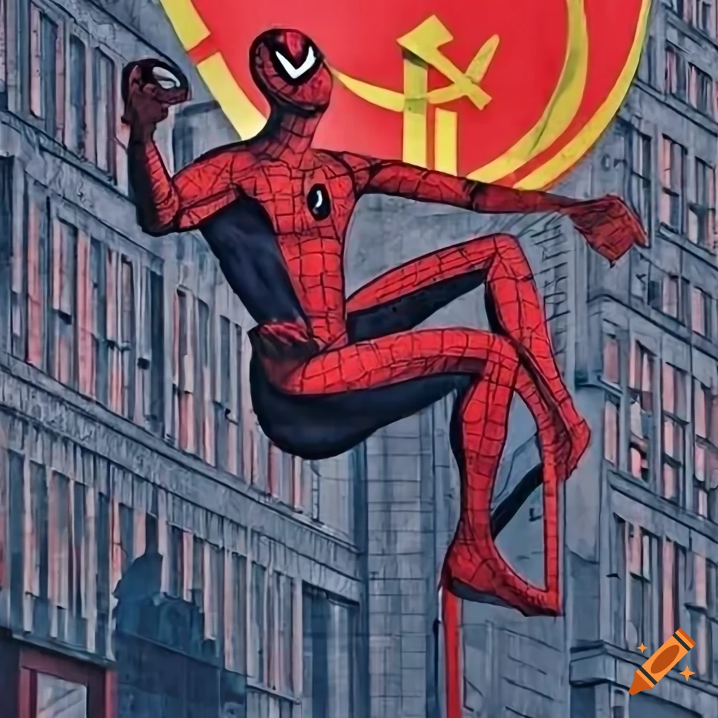 Communist socialist propaganda poster featuring soviet architecture and Spiderman swinging patriotically
