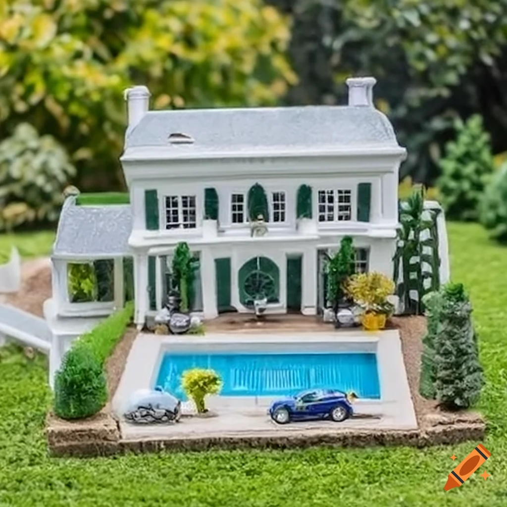 Miniature white mansion with potted plants, swimming pool, and car in diorama