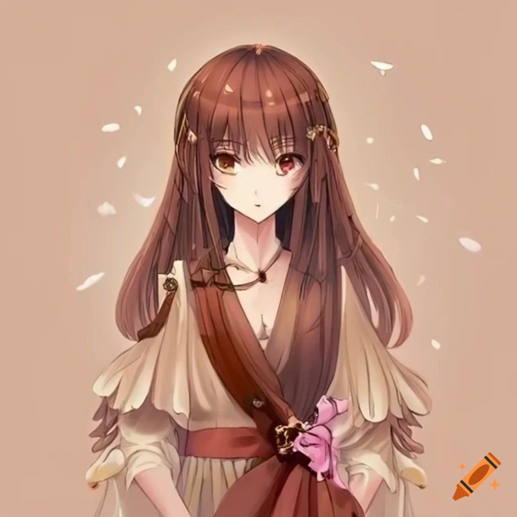 Elegant anime character with glossy chestnut hair and emotional brown eyes