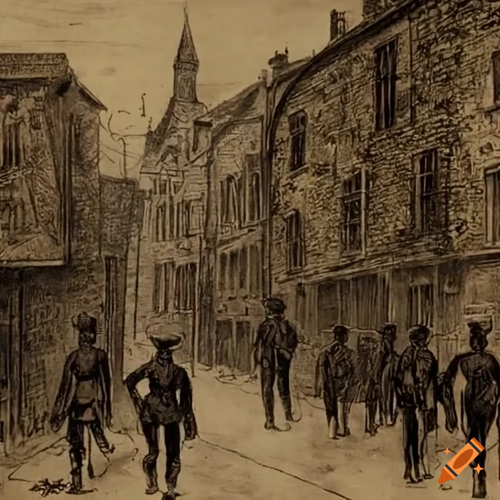 Men in uniforms marching through a poverty-stricken town in vintage style