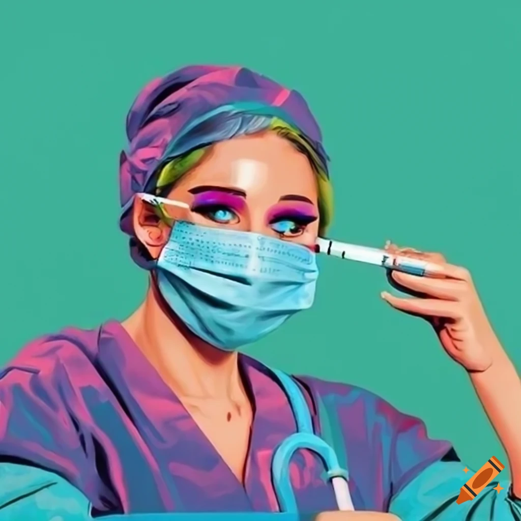 Pop-art nurse with a syringe and surgical mask on Craiyon