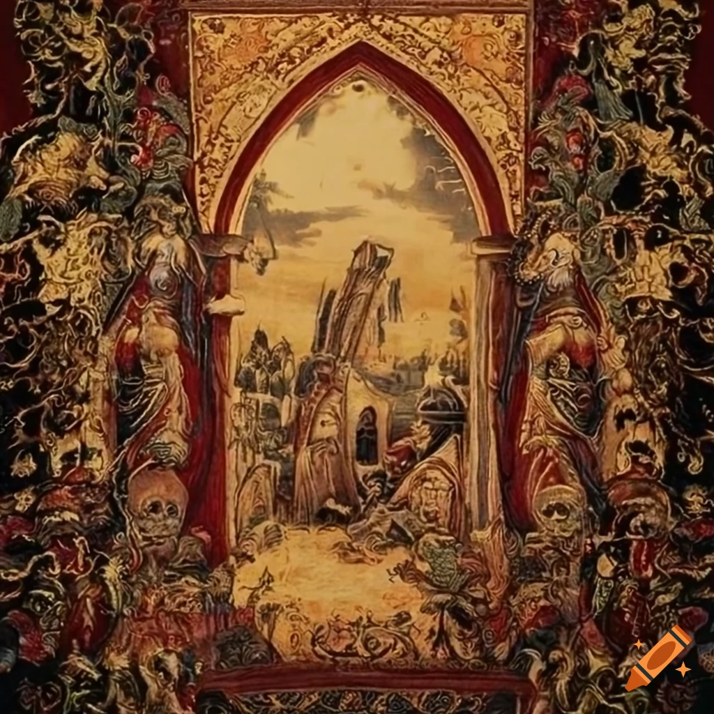 Medieval tapestry depicting a dystopian landscape