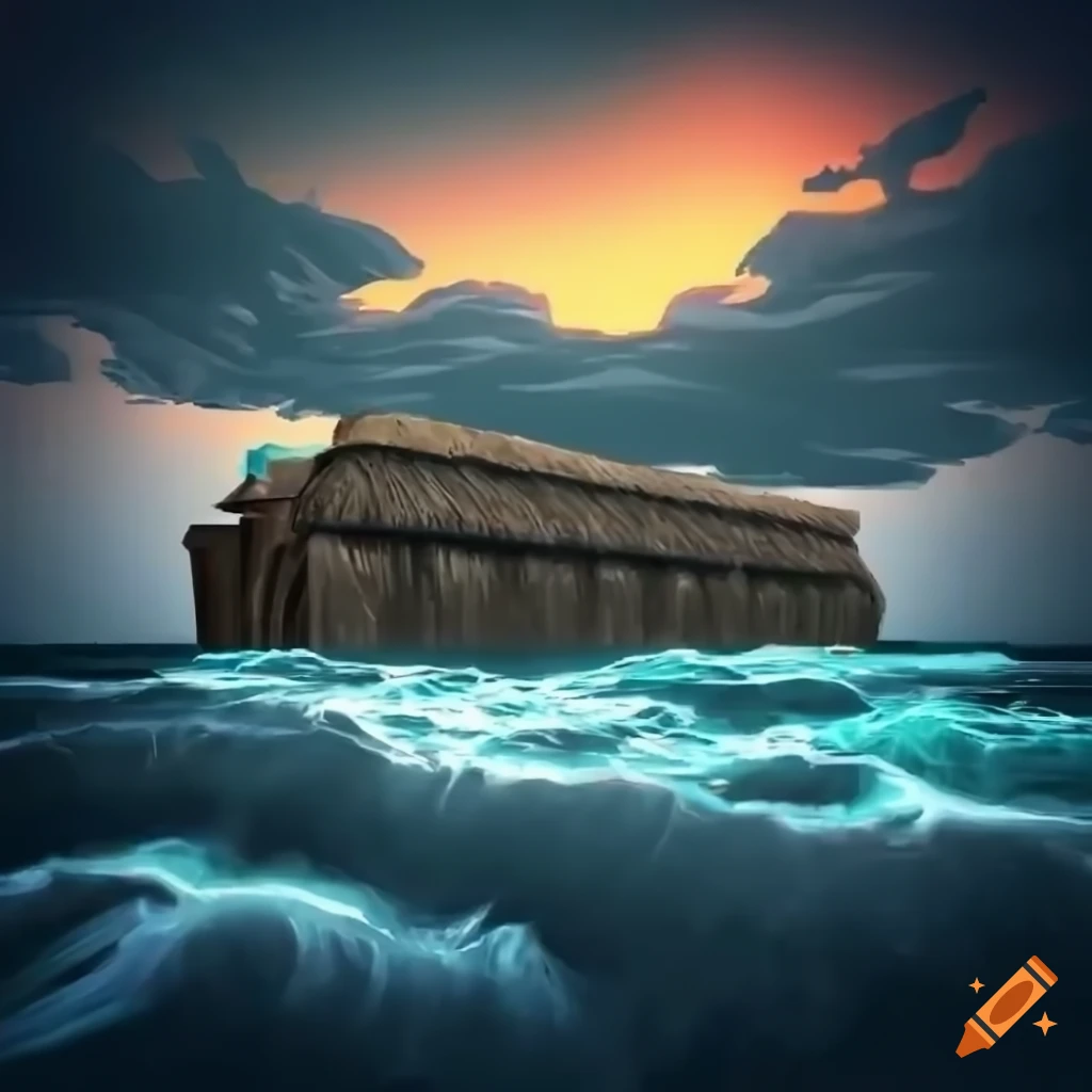 Prehistoric ark on stormy sea with towering waves and dark clouds